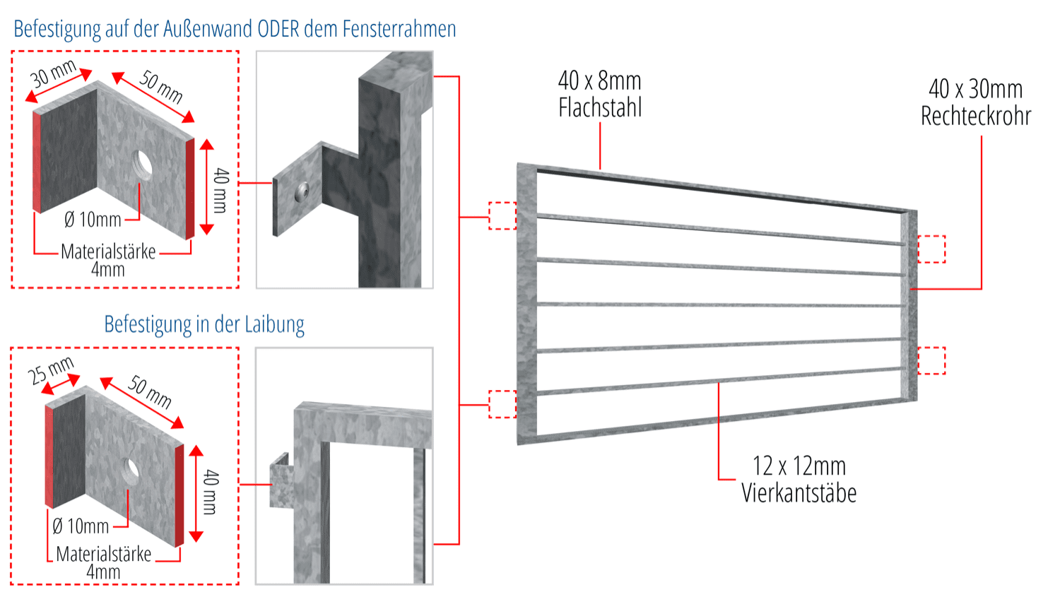 Grille de défense pour fenêtres pour la cave en acier galvanisé Barre transversale 