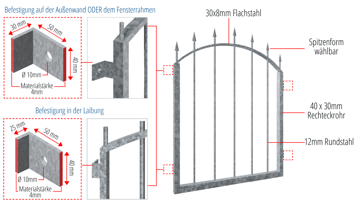 Grille de défense pour fenêtres en acier galvanisé Arc supérieur de Derby 