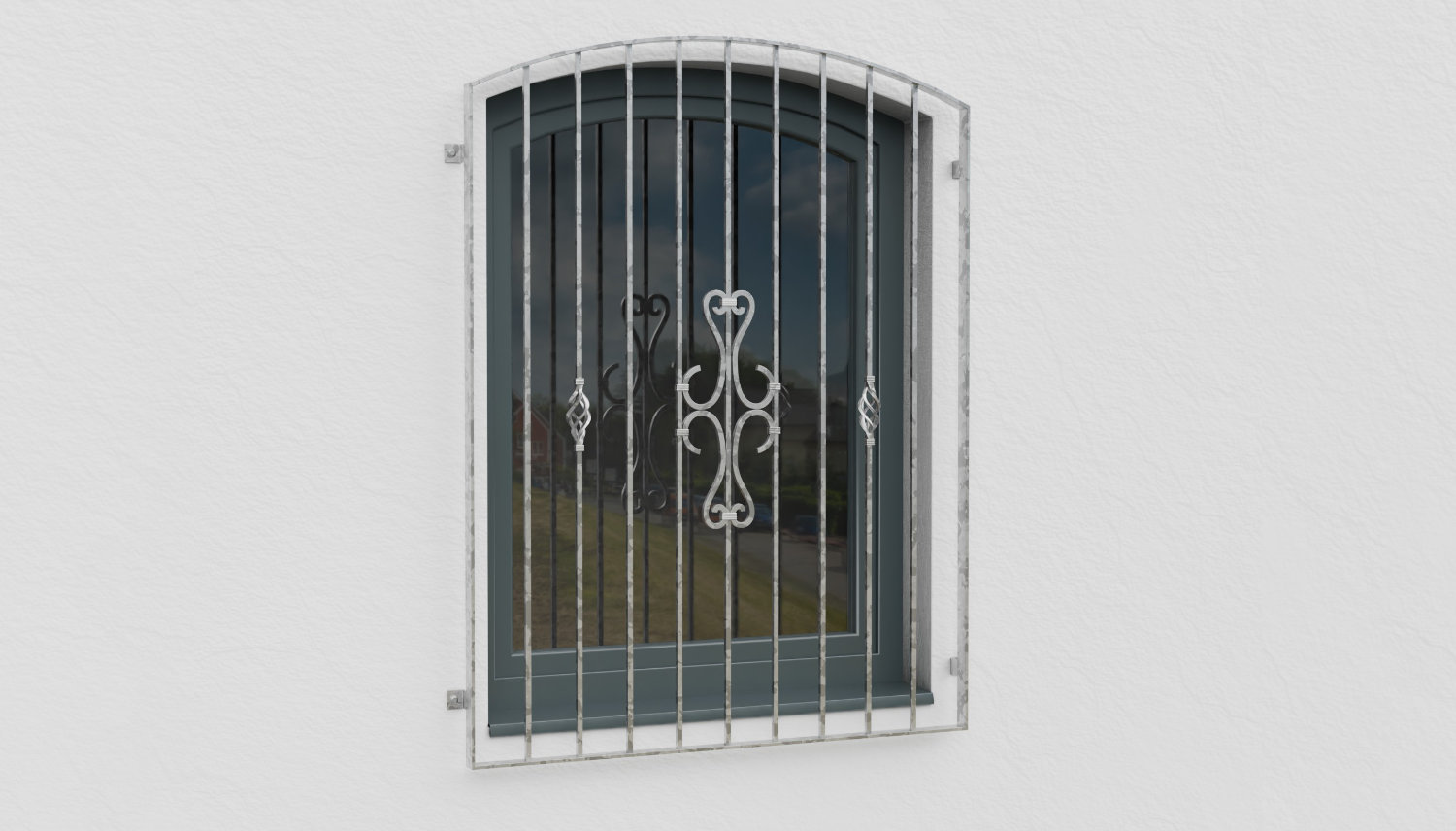 Grille de défense pour fenêtres en acier galvanisé Arc supérieur à volutes 