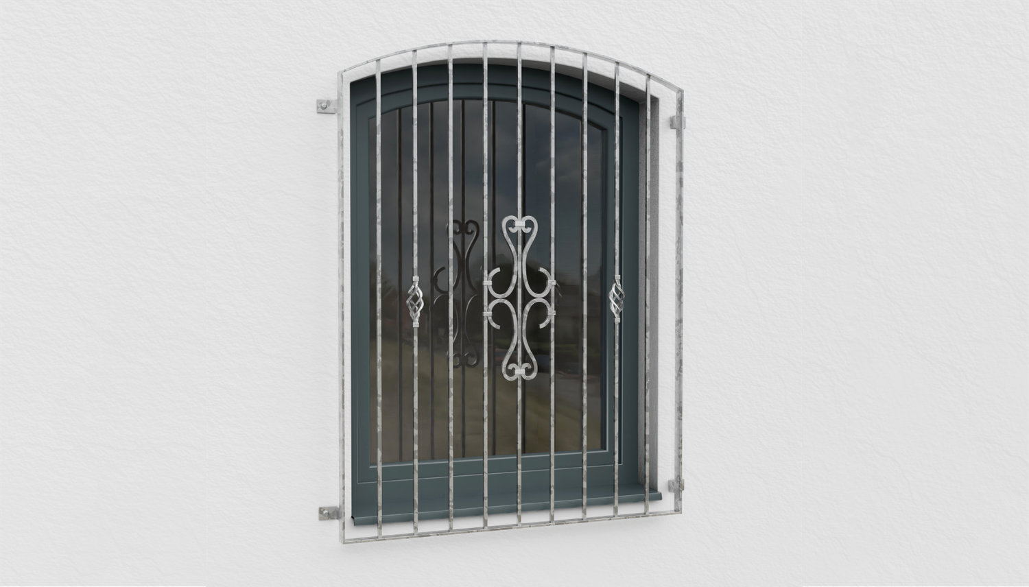 Grille de défense pour fenêtres en acier galvanisé Arc supérieur à volutes 
