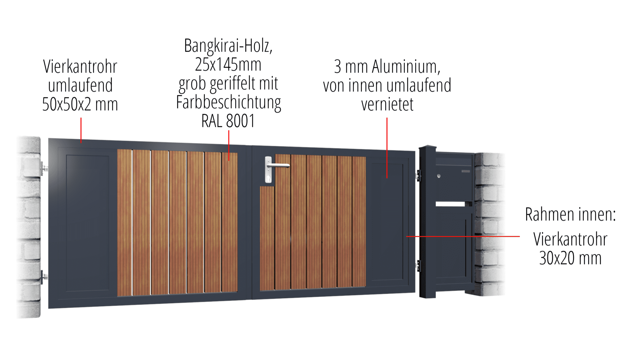 Portail de jardin en aluminium et bois, brise-vue à 2 battants KSBHS, GE, BK