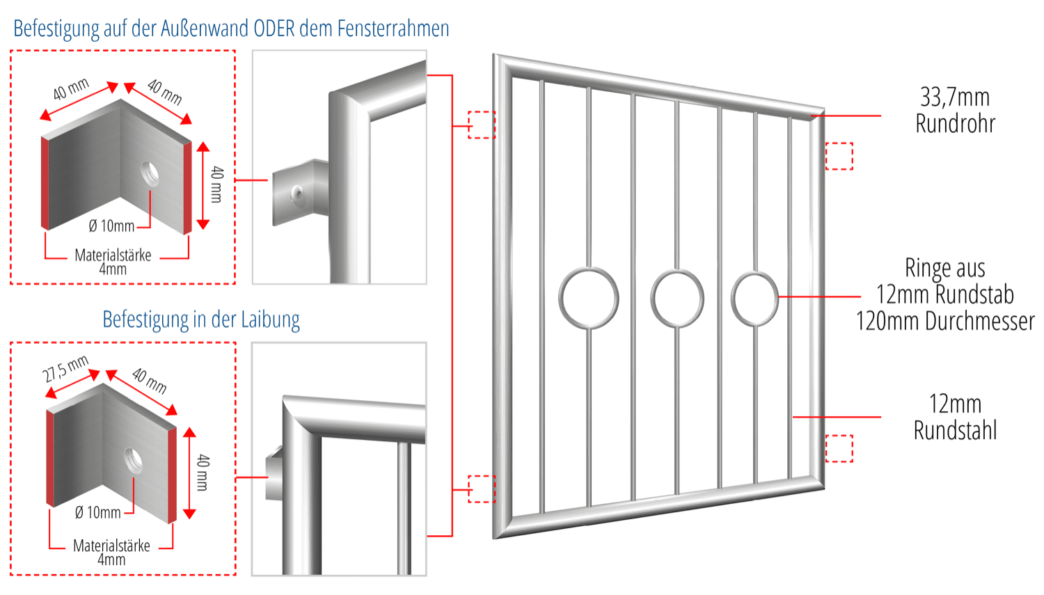 Grille de défense pour fenêtres en acier inoxydable cercle barre 