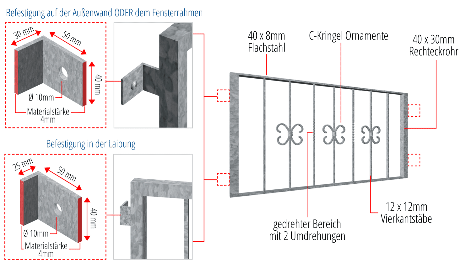 Grille de défense pour fenêtres pour la cave en acier galvanisé Baroque