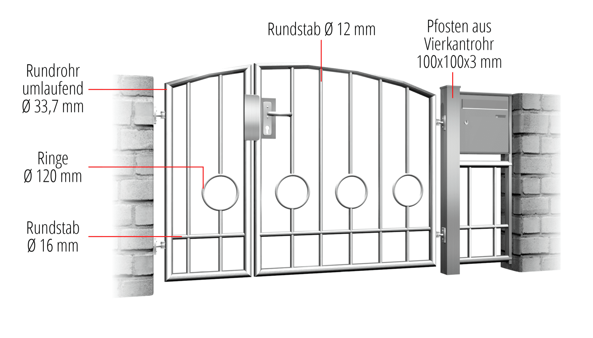 Portillon de jardin en acier inoxydable cercle à 2 battants barre 2 bas, OB, BK