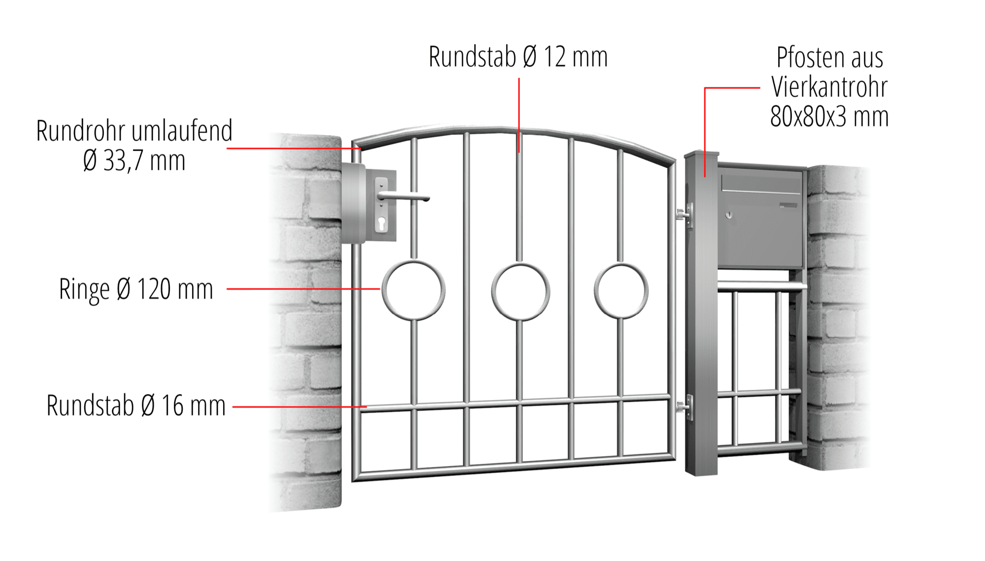 Portillon de jardin en acier inoxydable cercle à 1 battant barre 2 centre, OB, BK