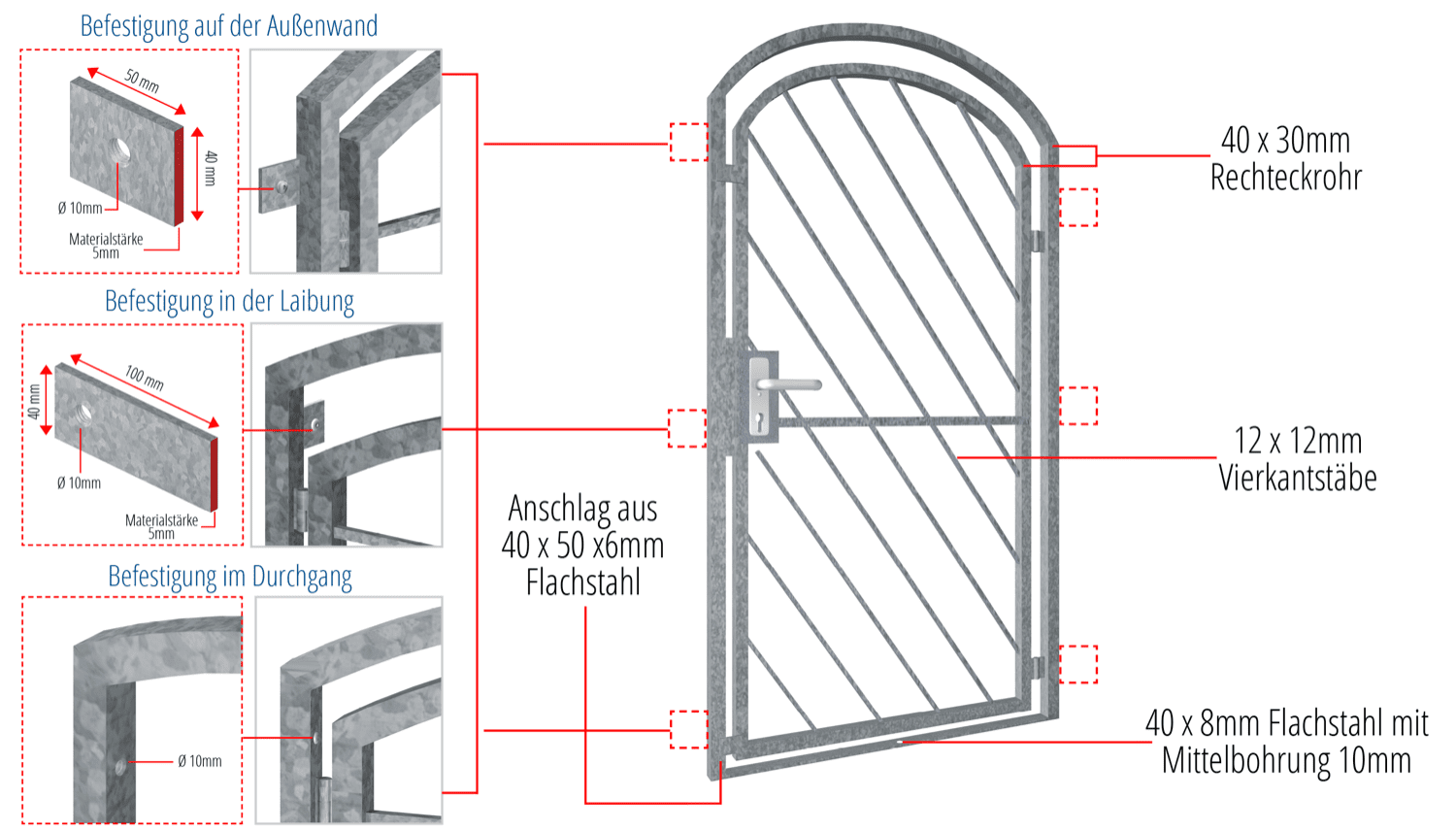 Porte grillagée en acier galvanisé Barre diagonale 1 Arc supérieur