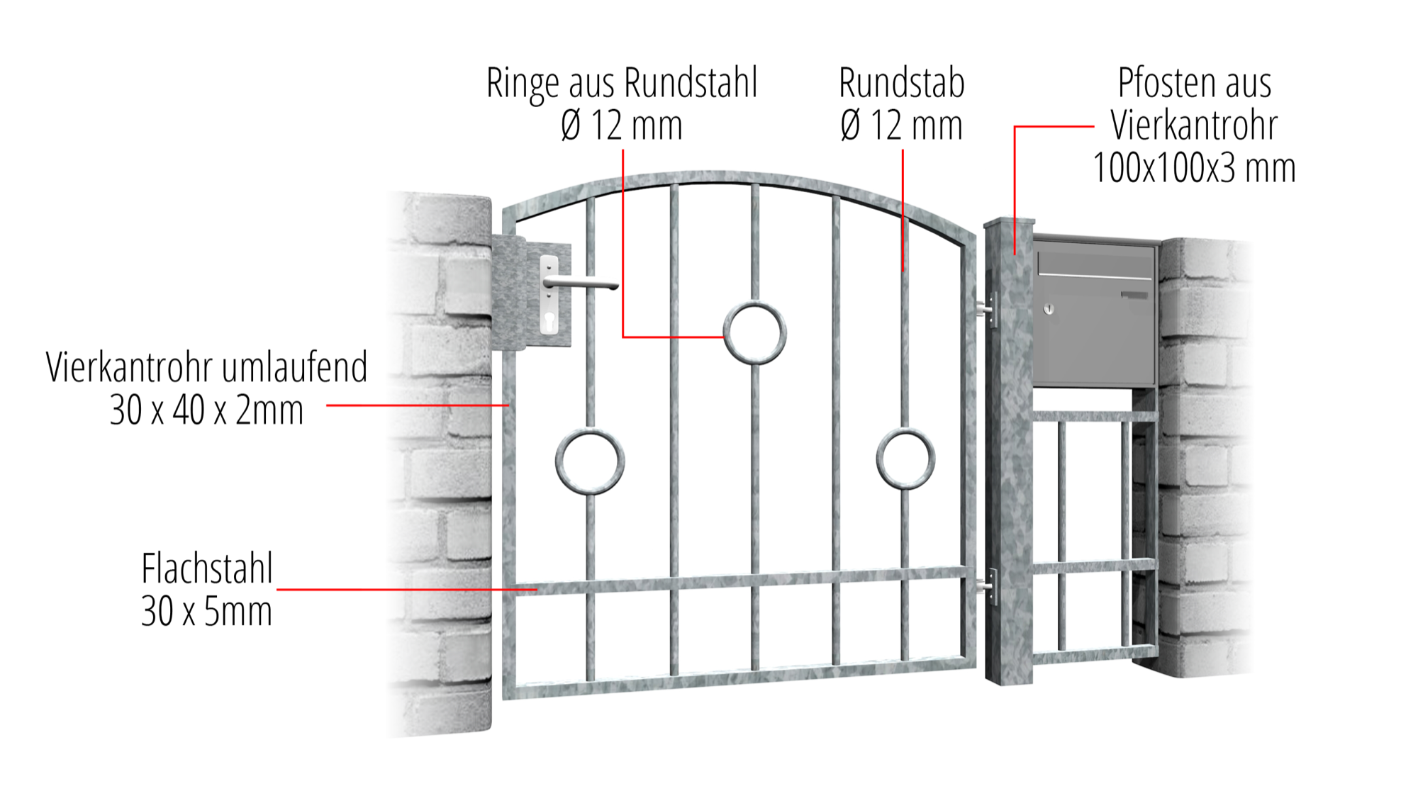 Portillon de jardin en acier galvanisé cercle à 1 battant barre, OB, BK