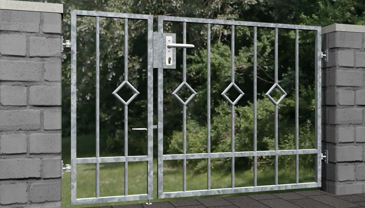 Portillon de jardin en acier galvanisé, barre de contrôle à 2 battants, GE