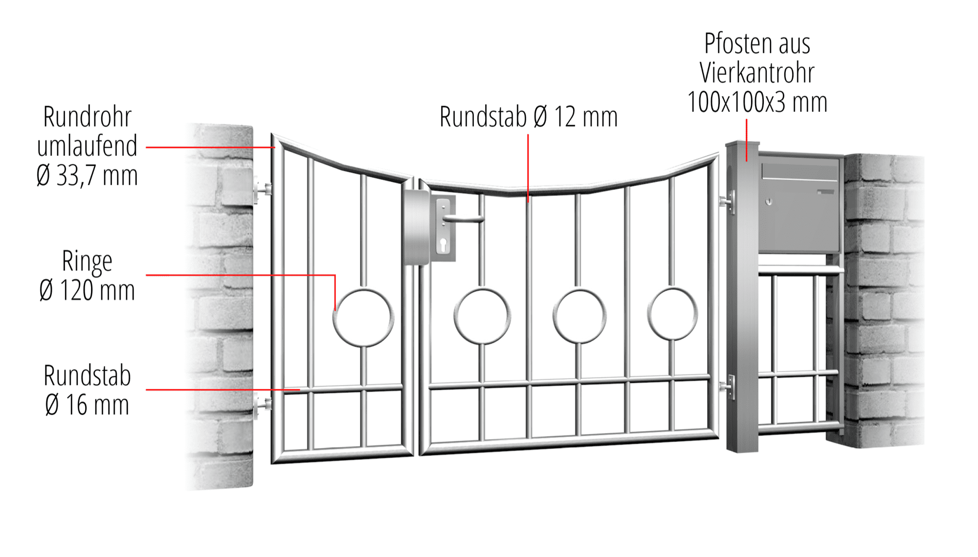 Portillon de jardin en acier inoxydable Barre circulaire à 2 battants, 2 fonds, UB, BK