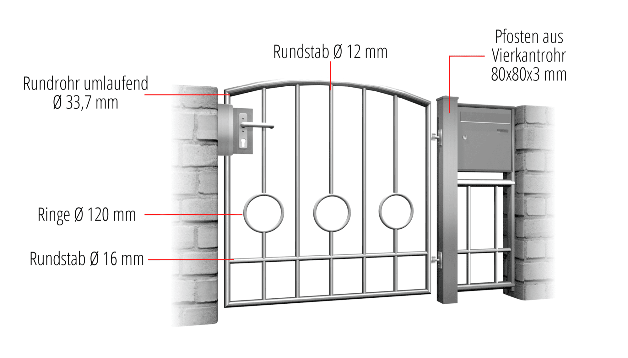 Portillon de jardin en acier inoxydable cercle à 1 battant barre 2 bas, OB, BK