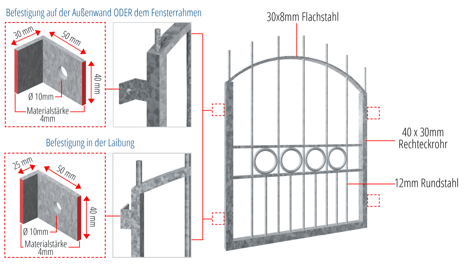 Grille de défense pour fenêtres en acier galvanisé Lyon arc supérieur 