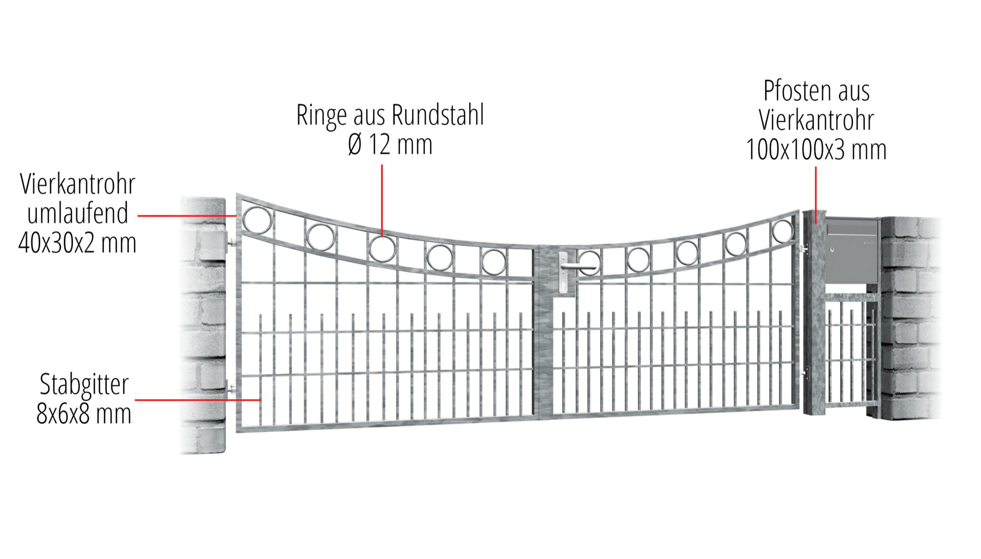 Portail de jardin galvanisé, rangée d'anneaux à 2 battants, UB, BK