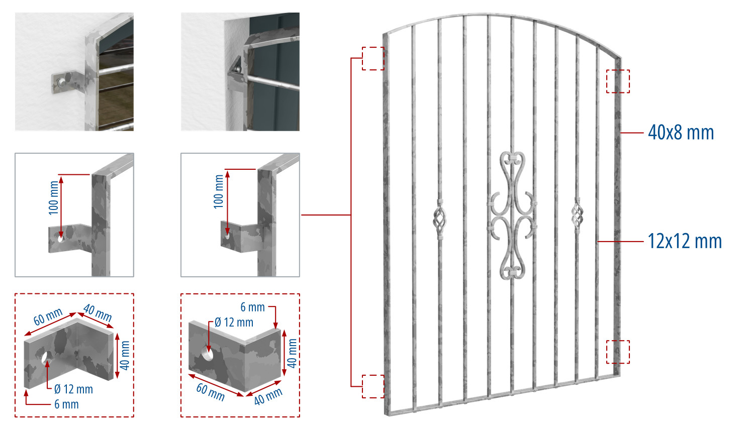 Grille de défense pour fenêtres en acier galvanisé Arc supérieur à volutes 