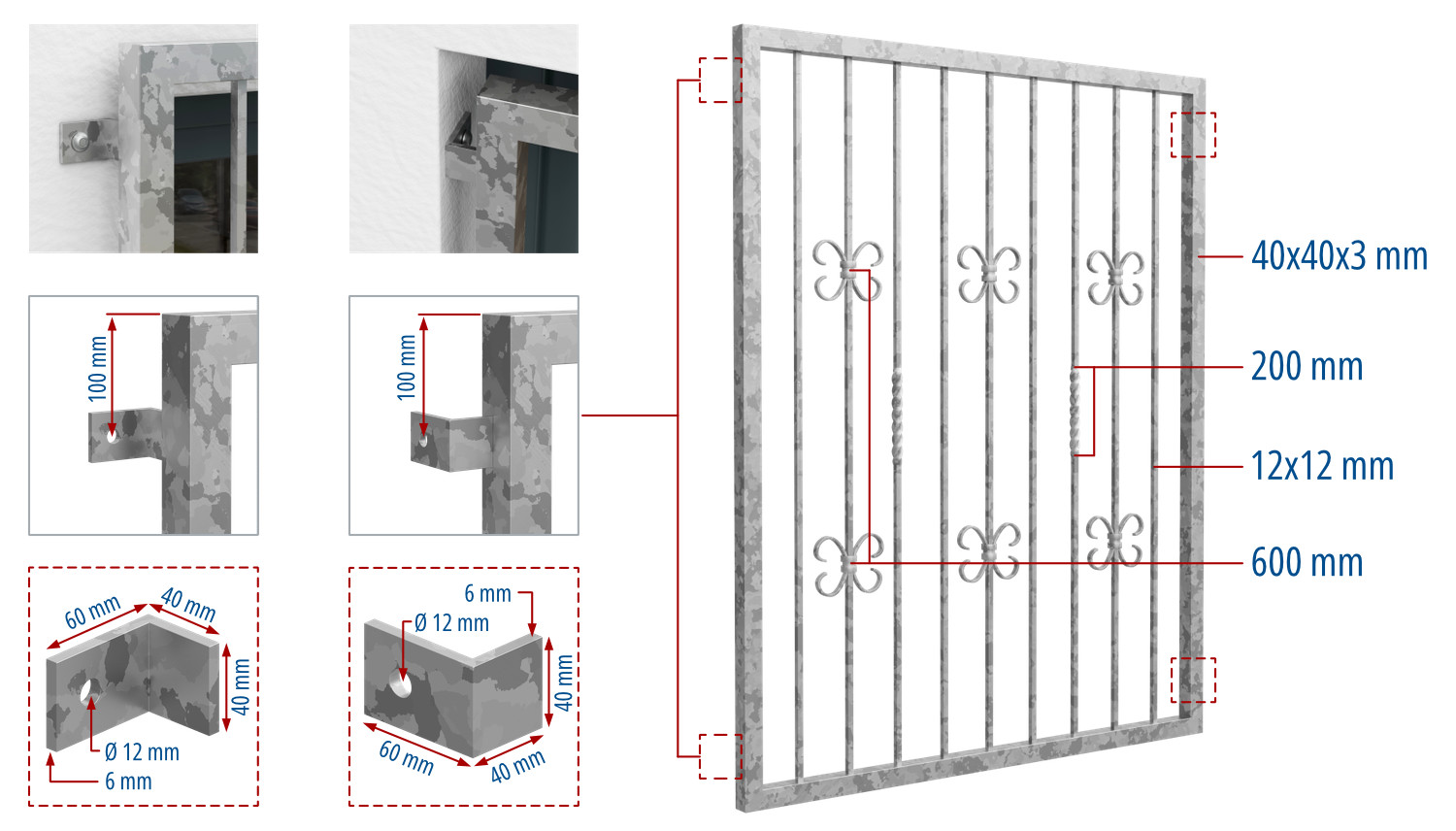 Grille de défense pour fenêtres en acier galvanisé Baroque 