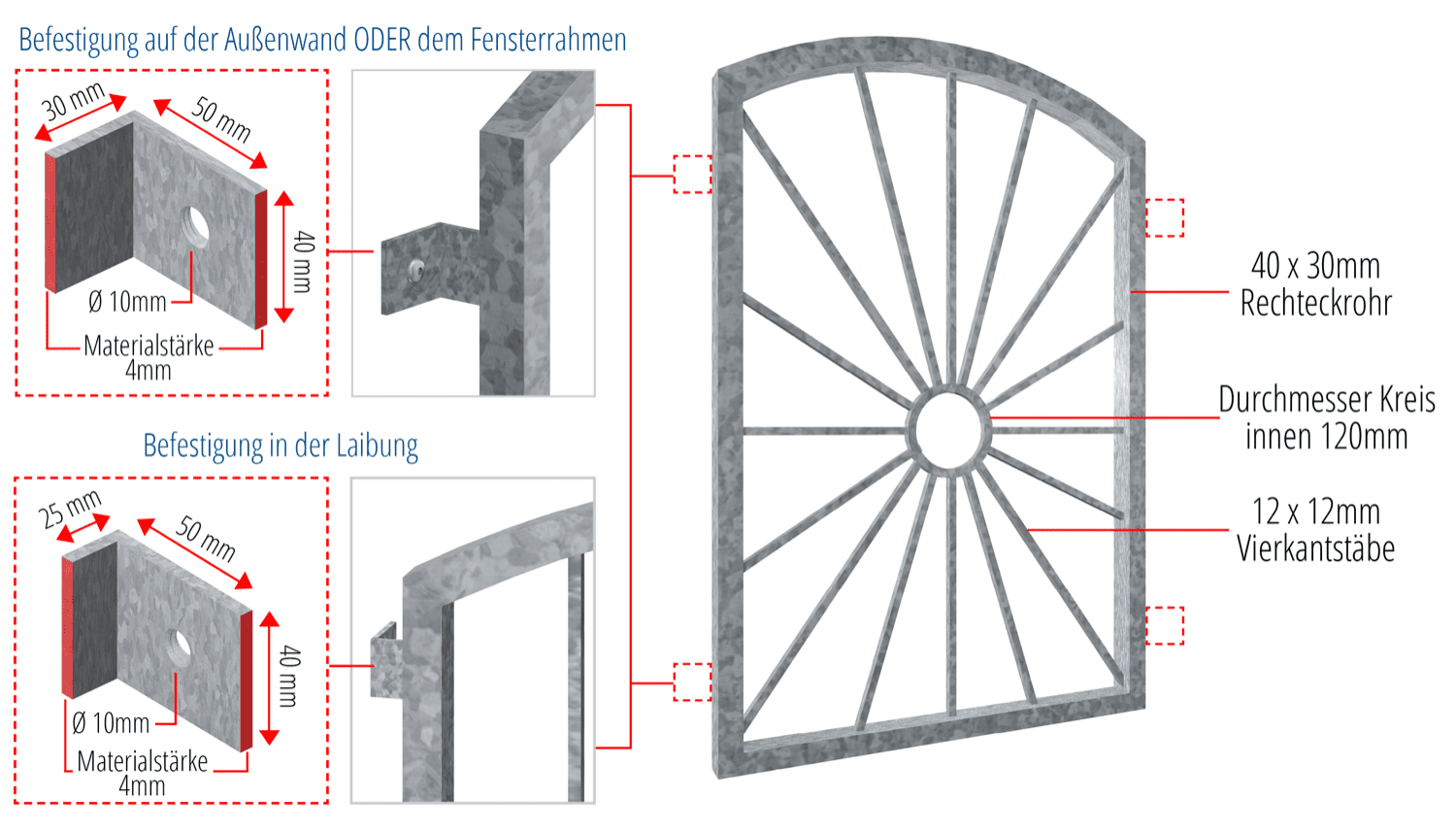Grille de défense pour fenêtres en acier galvanisé cercle solaire arc supérieur 