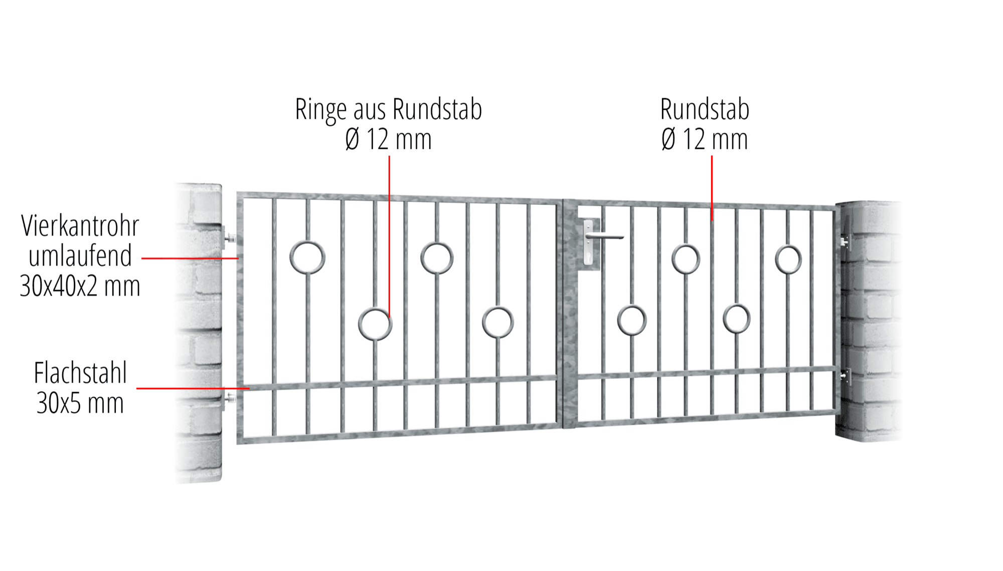 Barrière de jardin en acier galvanisé, barre circulaire à 2 battants, GE