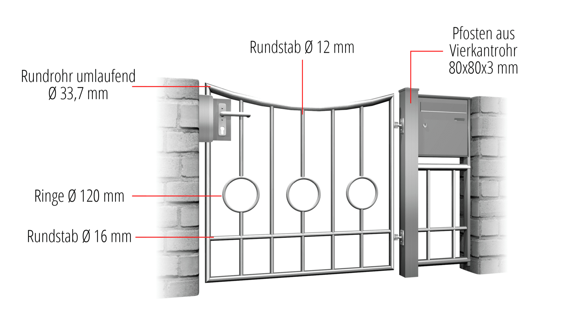 Portillon de jardin en acier inoxydable cercle à 1 battant barre 2 bas, UB, BK