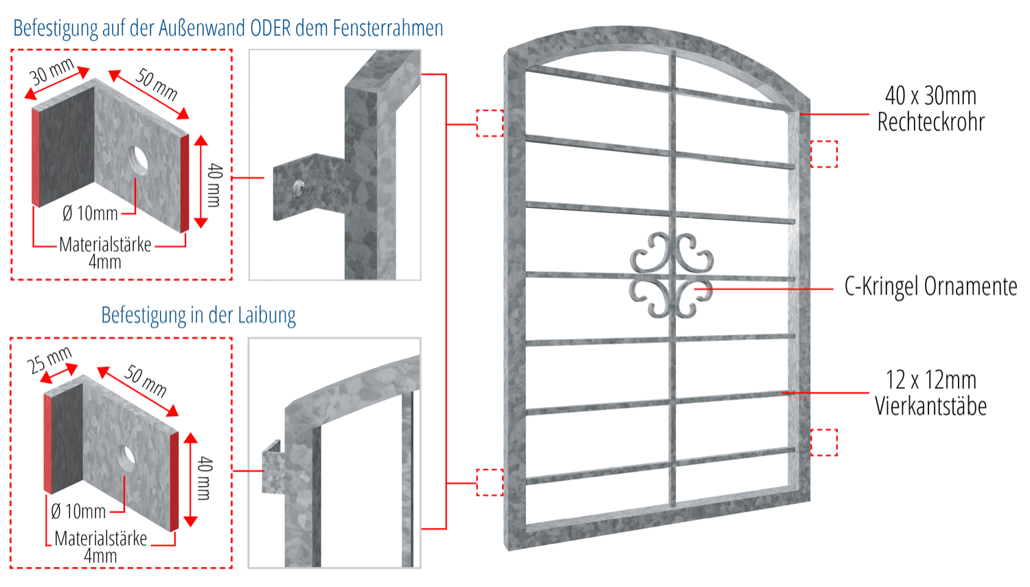 Grille de défense pour fenêtres en acier galvanisé arc supérieur fleuri 