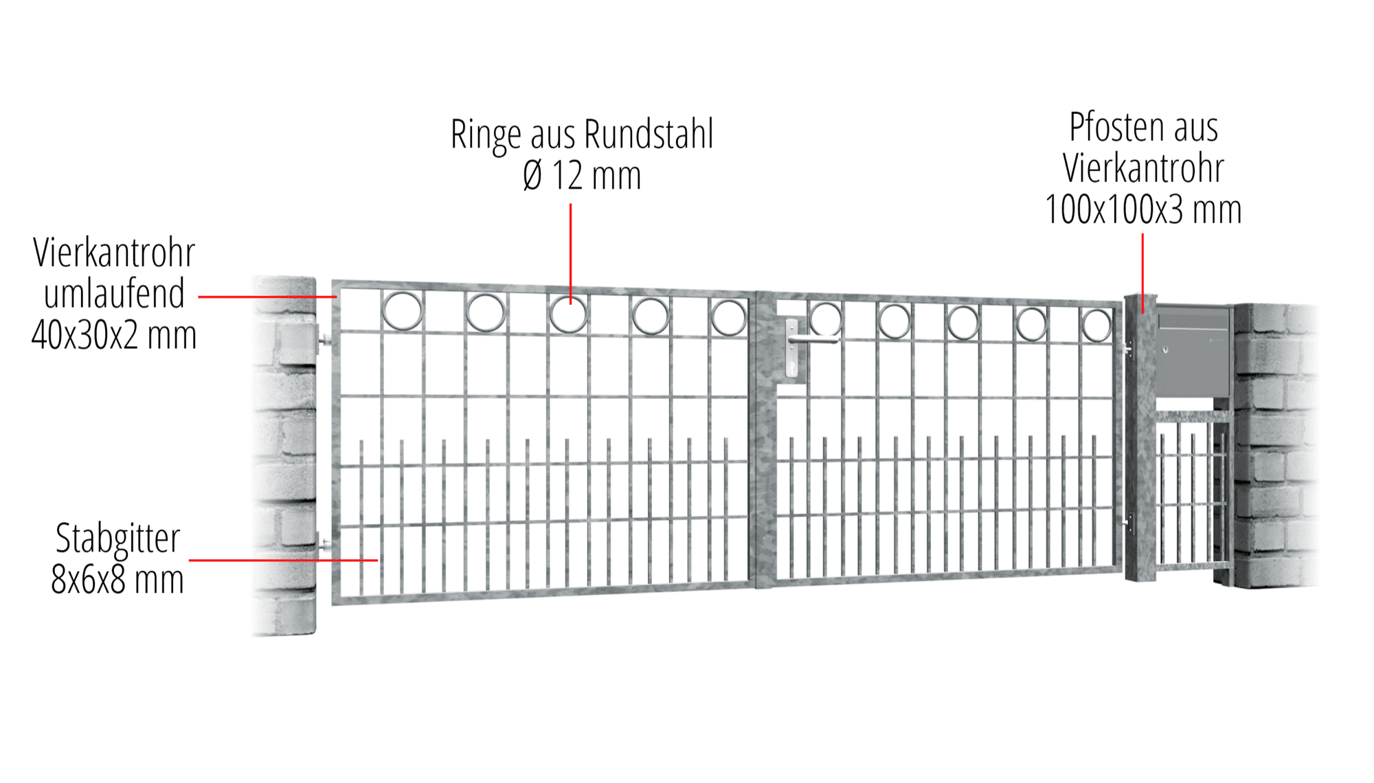 Portail de jardin galvanisé, rangée d'anneaux à 2 battants, GE, BK