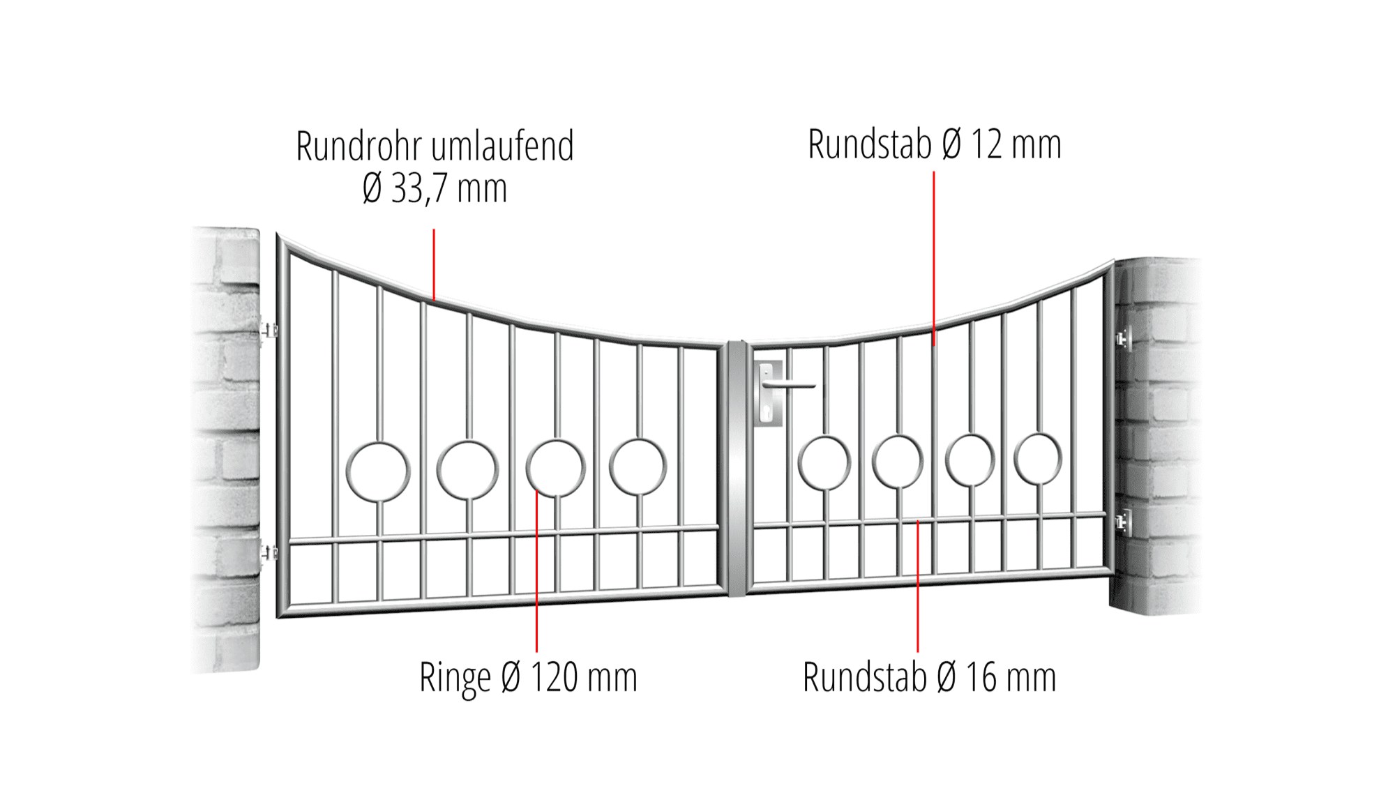 Barrière de jardin en acier inoxydable, barre circulaire à 2 battants, 2 fonds, UB