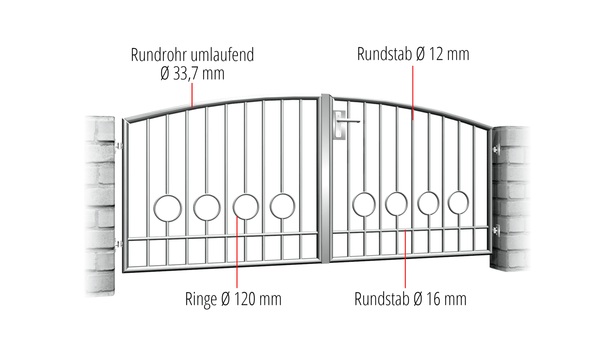 Barrière de jardin en acier inoxydable à 2 battants, barre circulaire 2 bas, OB