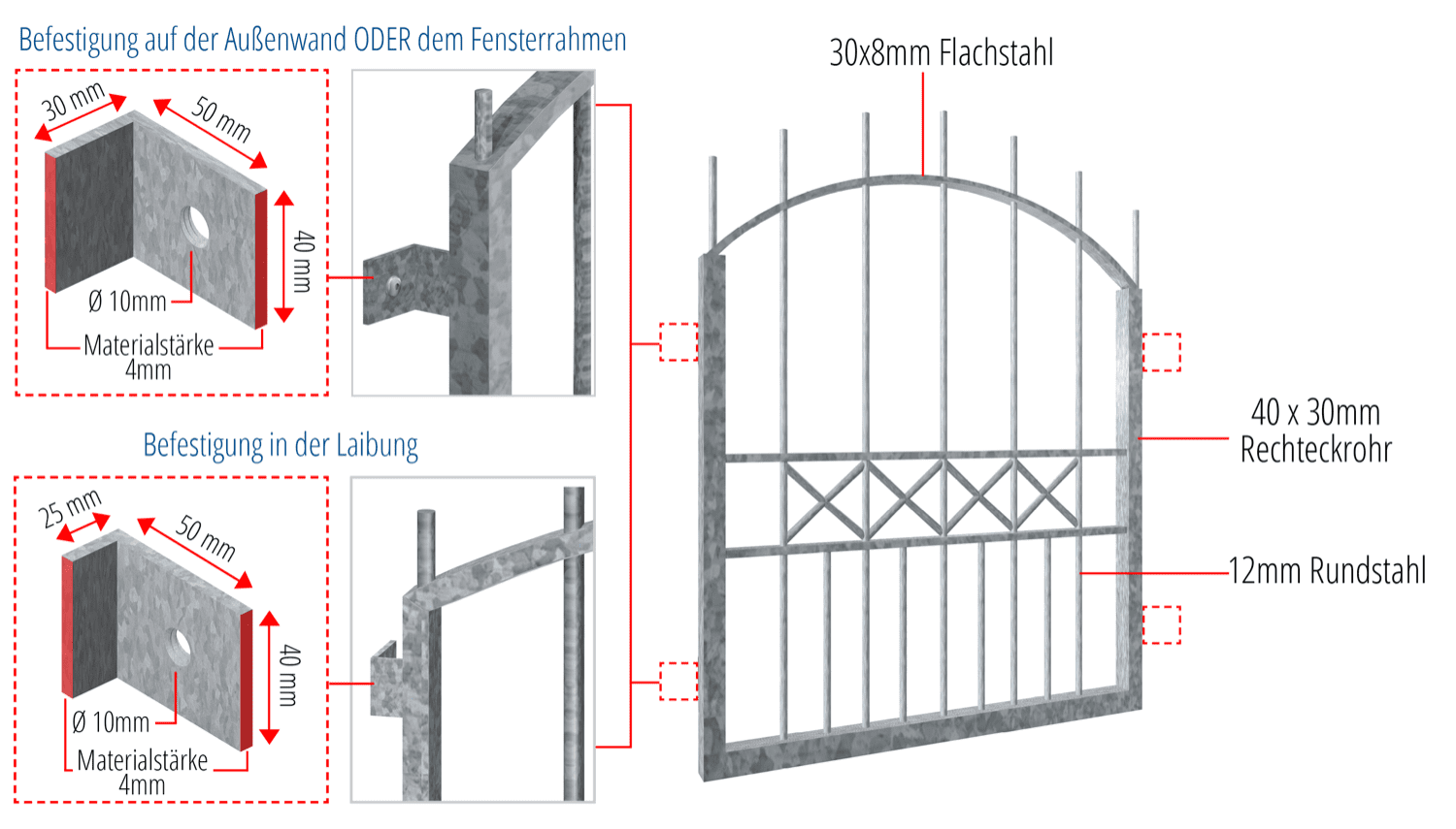 Grille de défense pour fenêtres en acier galvanisé Arc supérieur de Toulon 
