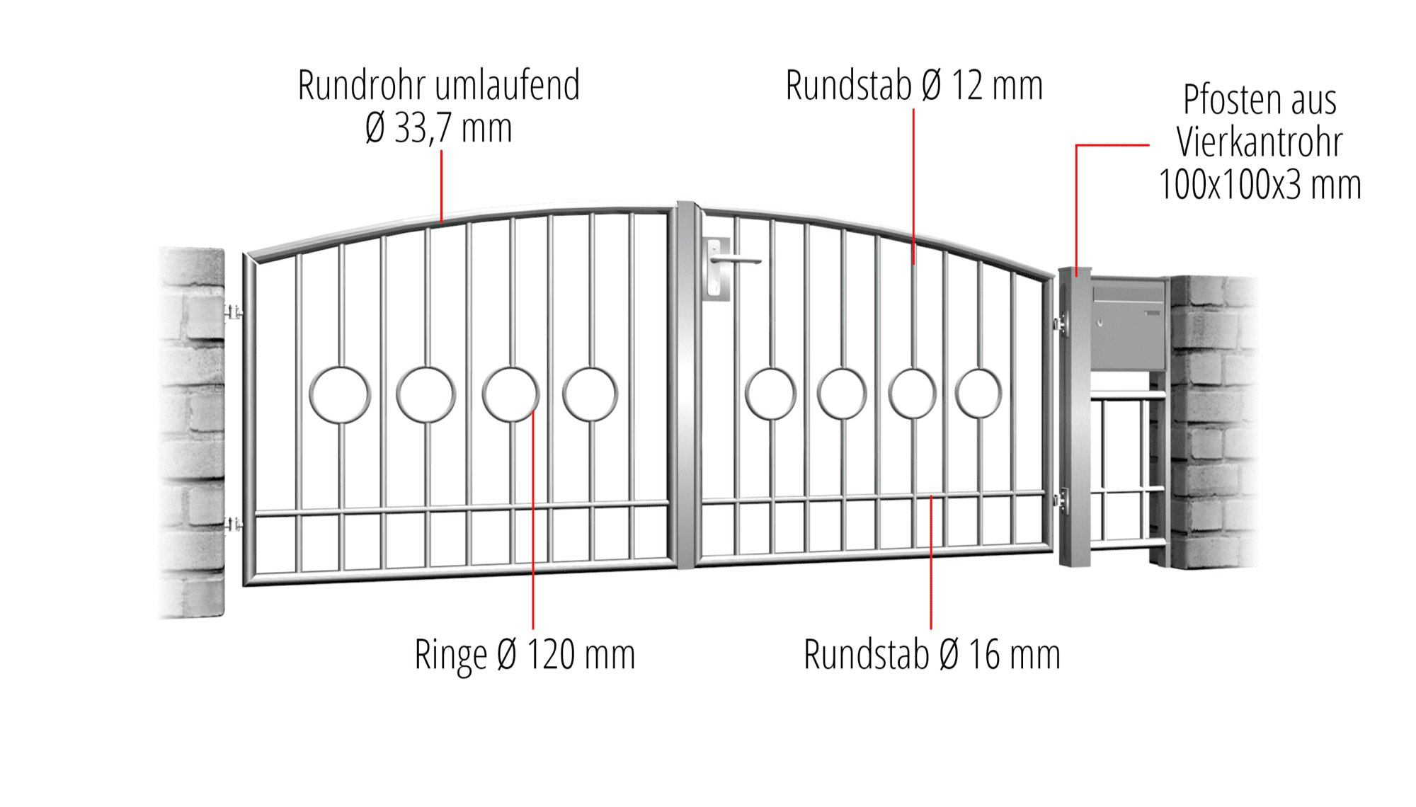 Portail de jardin en acier inoxydable barre ronde à 2 battants 2 centre, OB, BK