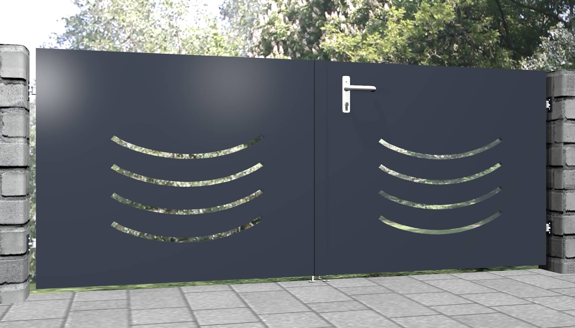 Portail de jardin brise-vue, tôle perforée aluminium, croissants à 2