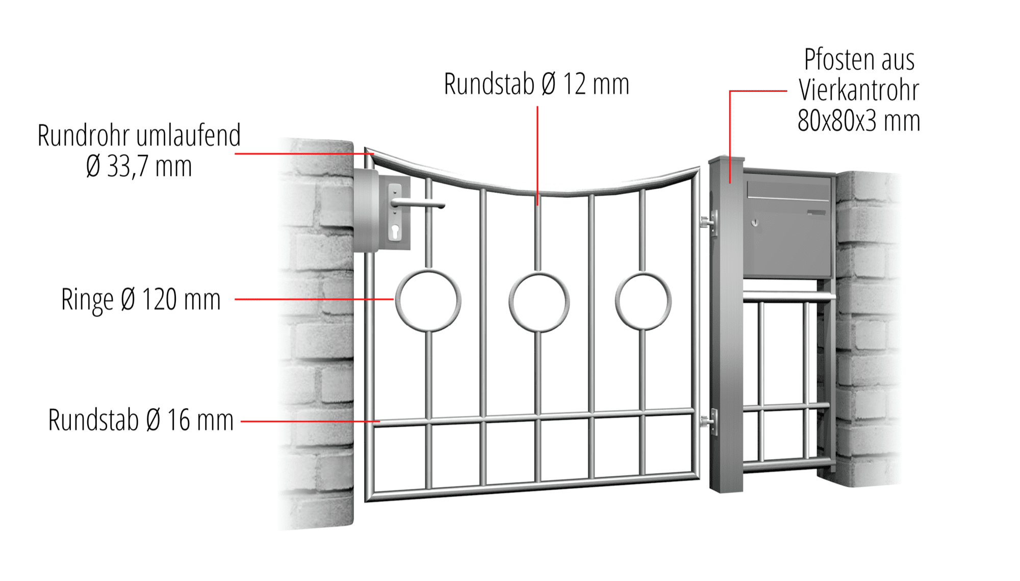 Portillon de jardin en acier inoxydable cercle à 1 battant barre 2 centre, UB, BK