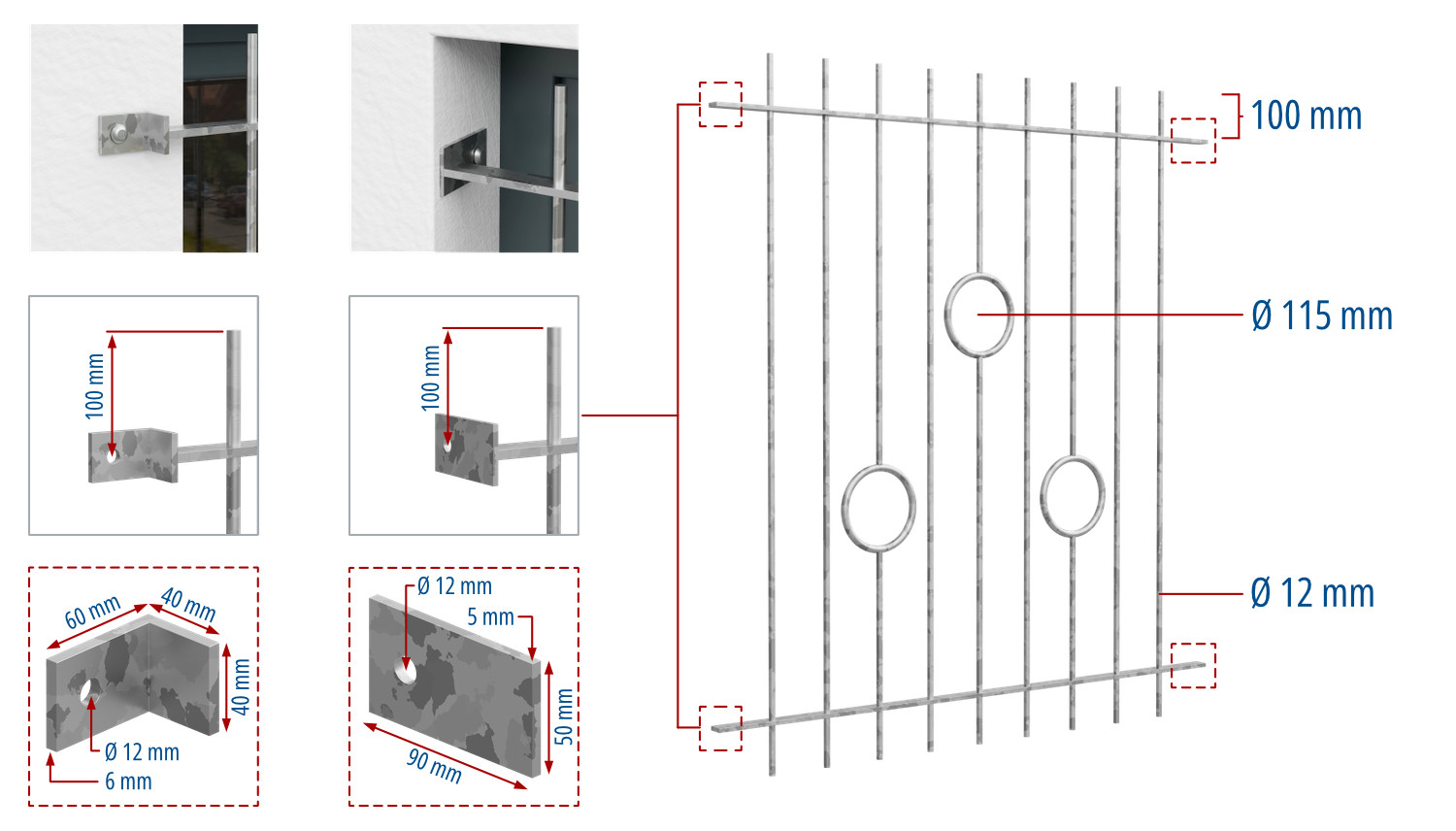 Grille de défense pour fenêtres en acier galvanisé cercle barre