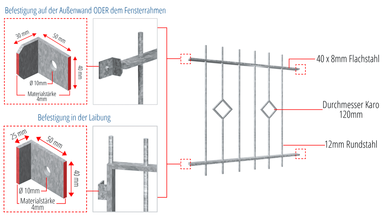 Grille de défense pour fenêtres en acier galvanisé carreau barre