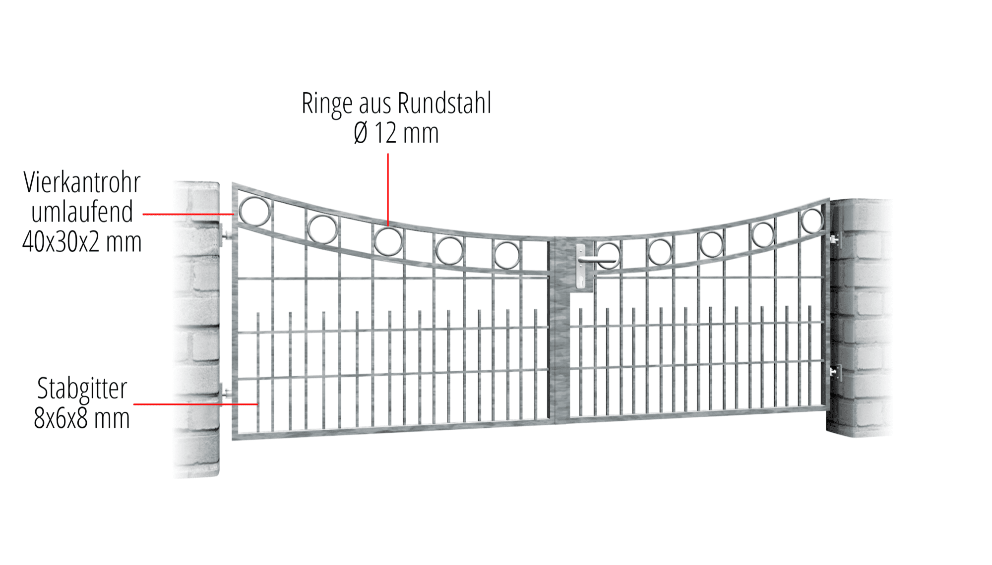 Barrière de jardin en acier galvanisé, rangée d'anneaux à 2 battants, UB