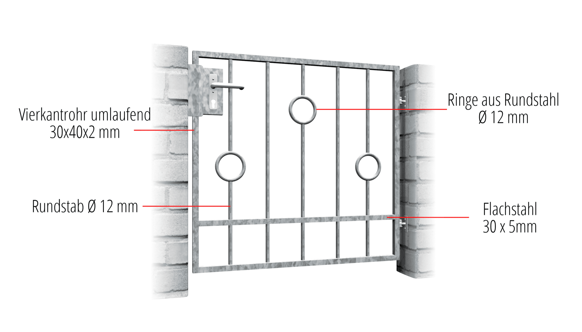 Portillon de jardin en acier galvanisé, barre circulaire à 1 battant, GE