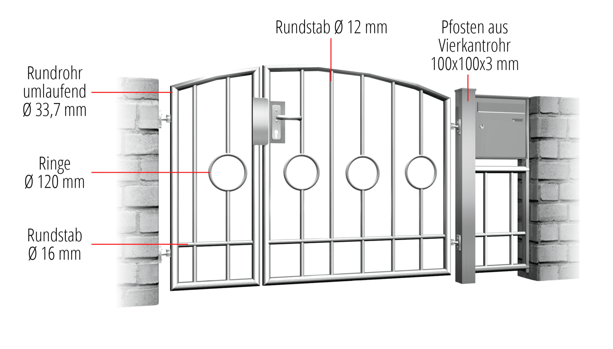 Portillon de jardin en acier inoxydable barre ronde à 2 battants 2 centre, OB, BK