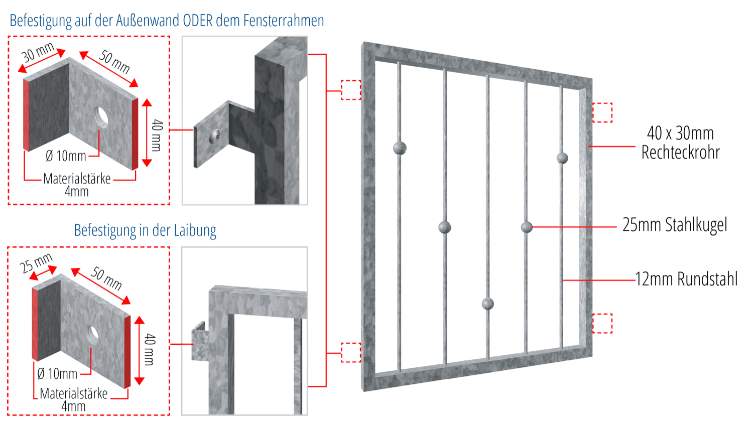 Grille de défense pour fenêtres en acier galvanisé boules en V