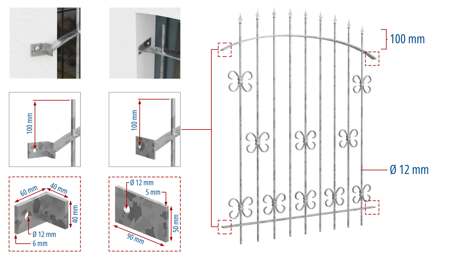 Grille de défense pour fenêtres en acier galvanisé Forêt Noire Arc supérieur 