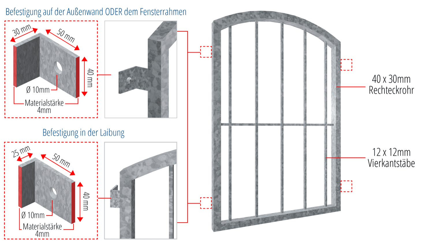 Grille de défense pour fenêtres en acier galvanisé barre verticale Arc supérieur 