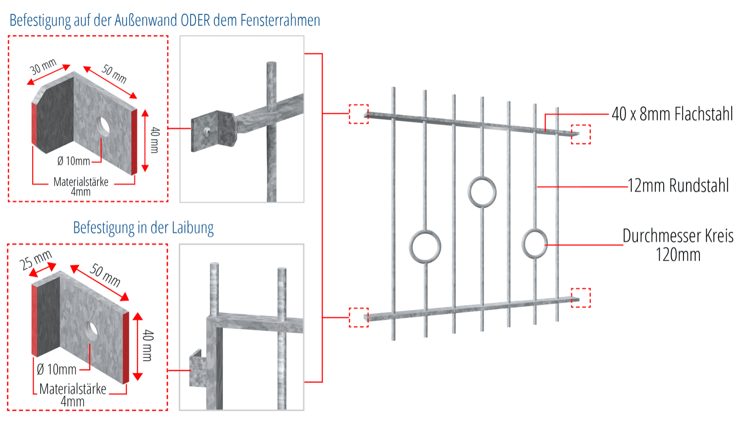 Grille de défense pour fenêtres en acier galvanisé cercle barre