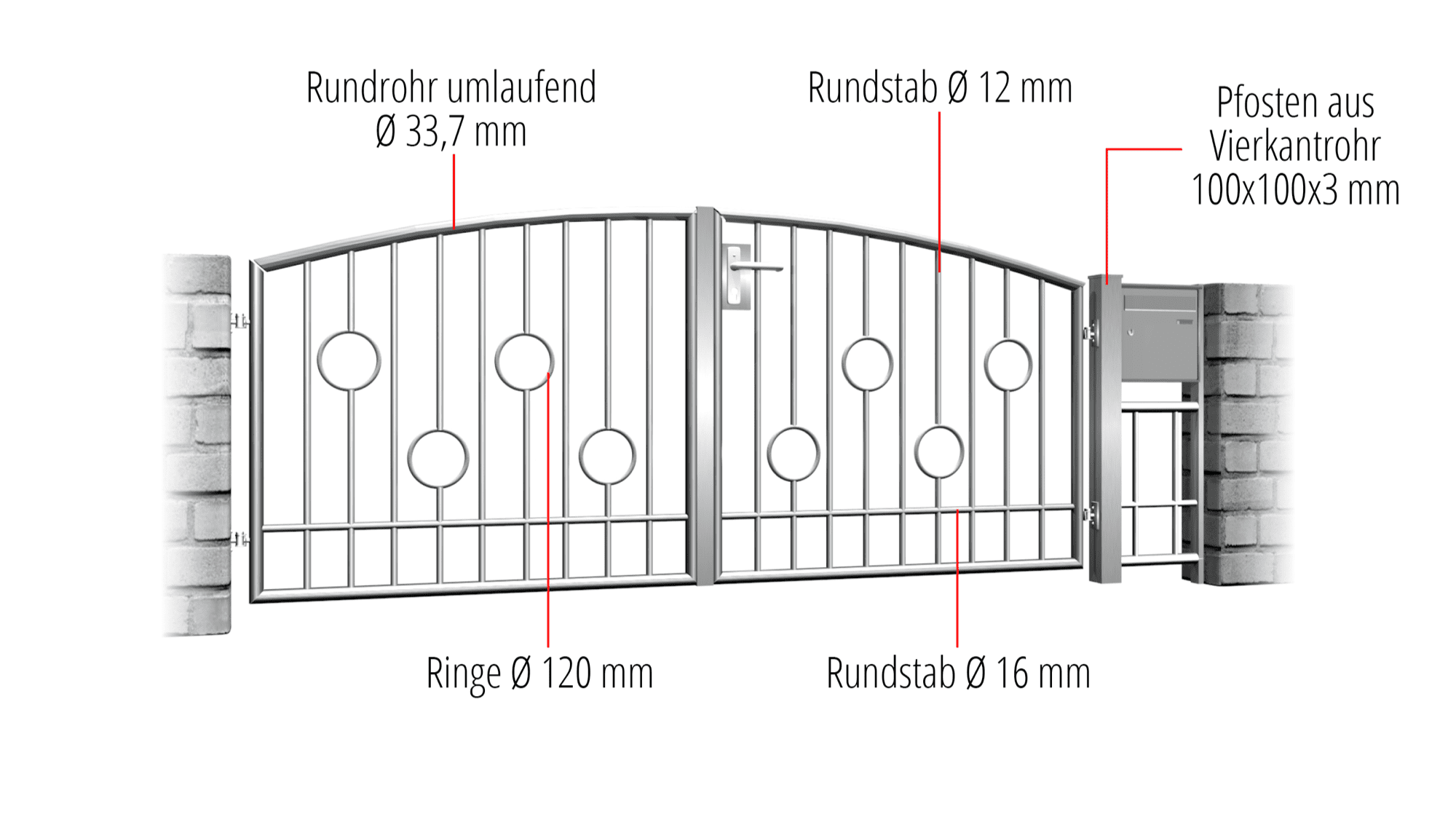 Barre de cercle à 2 battants en acier inoxydable pour portail de jardin, OB, BK