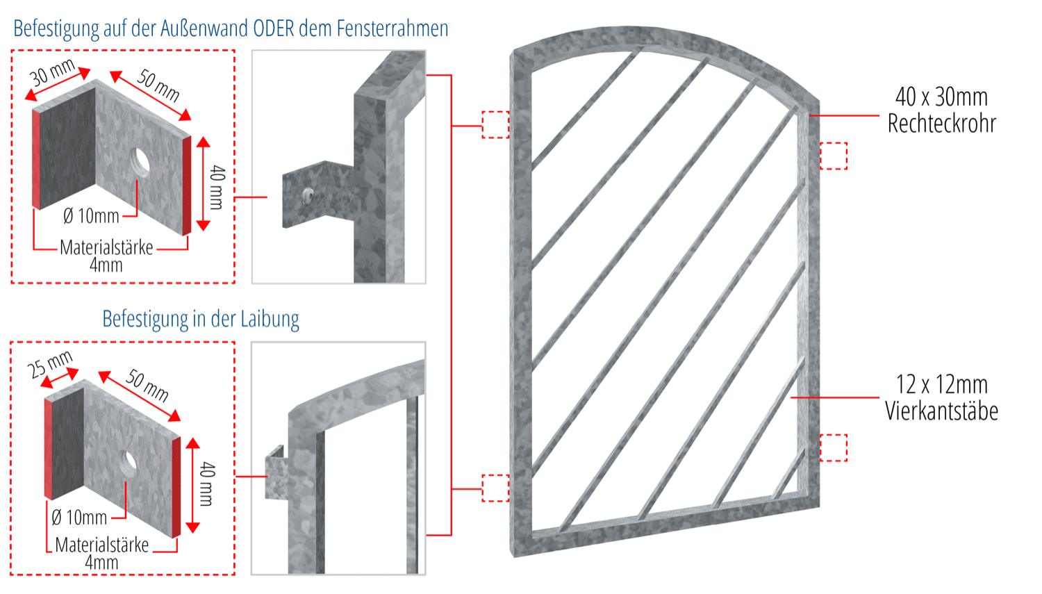 Grille de défense pour fenêtres en acier galvanisé Barre diagonale 1 Arc supérieur 