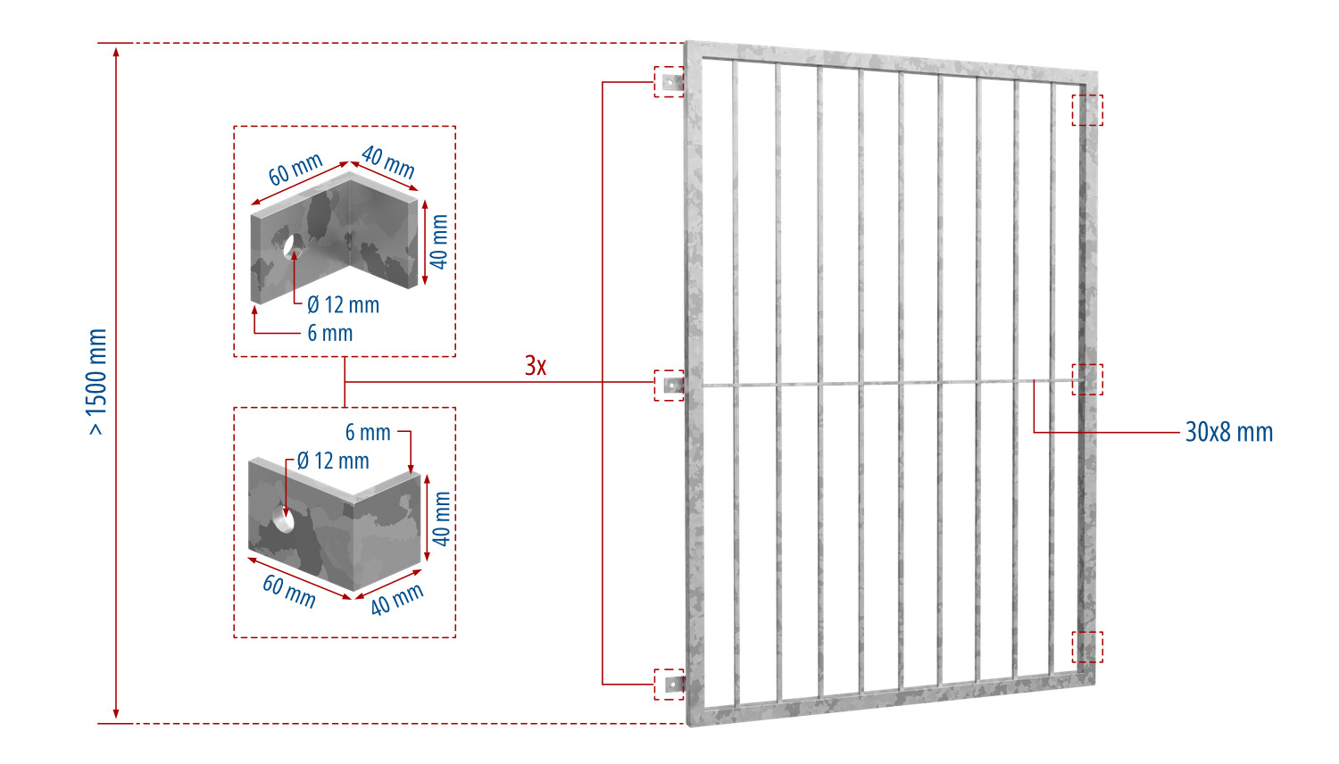 Grille de défense pour fenêtres en acier galvanisé barre verticale 