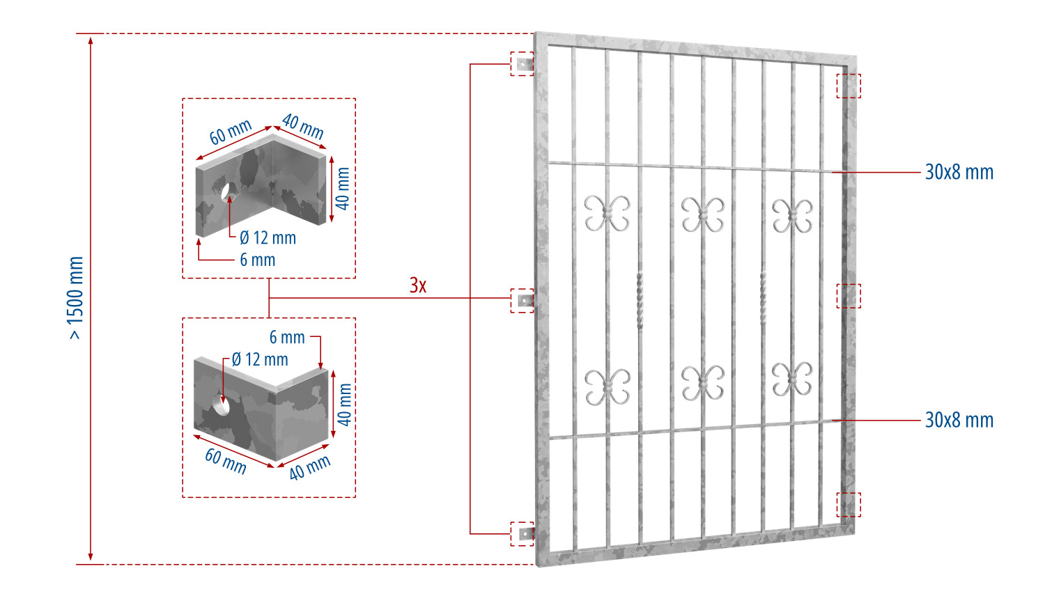 Grille de défense pour fenêtres en acier galvanisé Baroque 