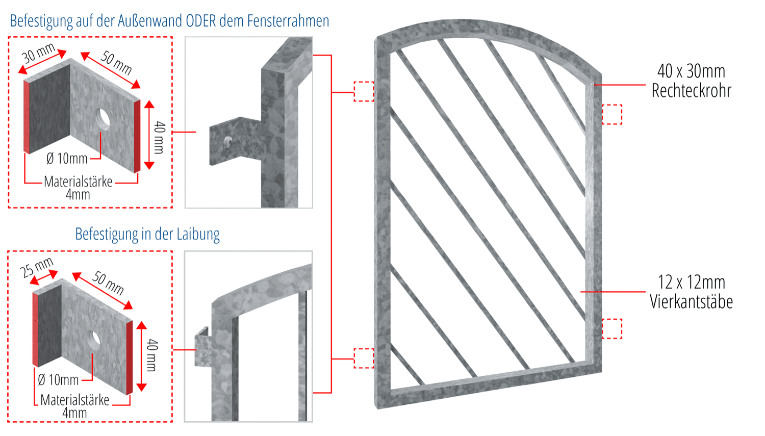 Grille de défense pour fenêtres en acier galvanisé arc supérieur Barre diagonale 2