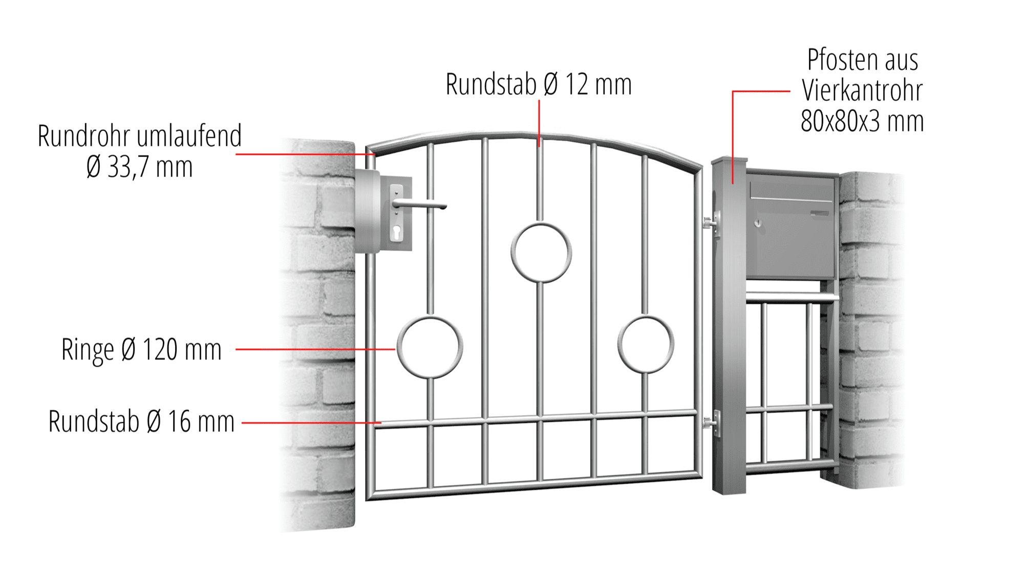 Portillon de jardin en acier inoxydable cercle à 1 battant barre, OB, BK