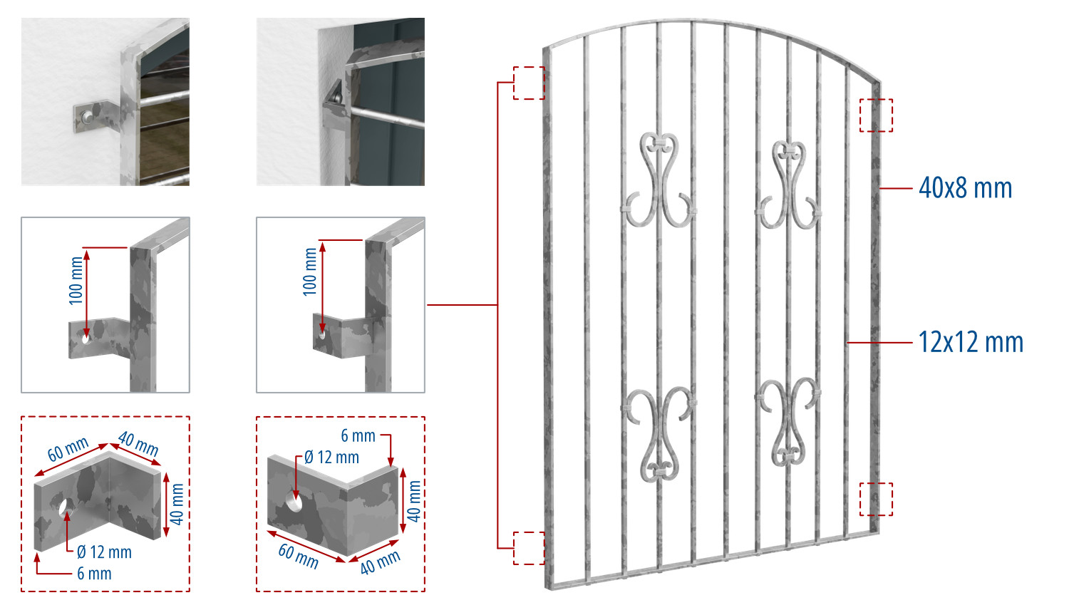 Grille de défense pour fenêtres en acier galvanisé scroll 2 arc supérieur 