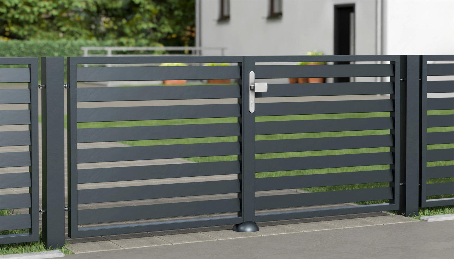 Portail de jardin en aluminium, brise-vue à 2 battants lamelles en biais, GE