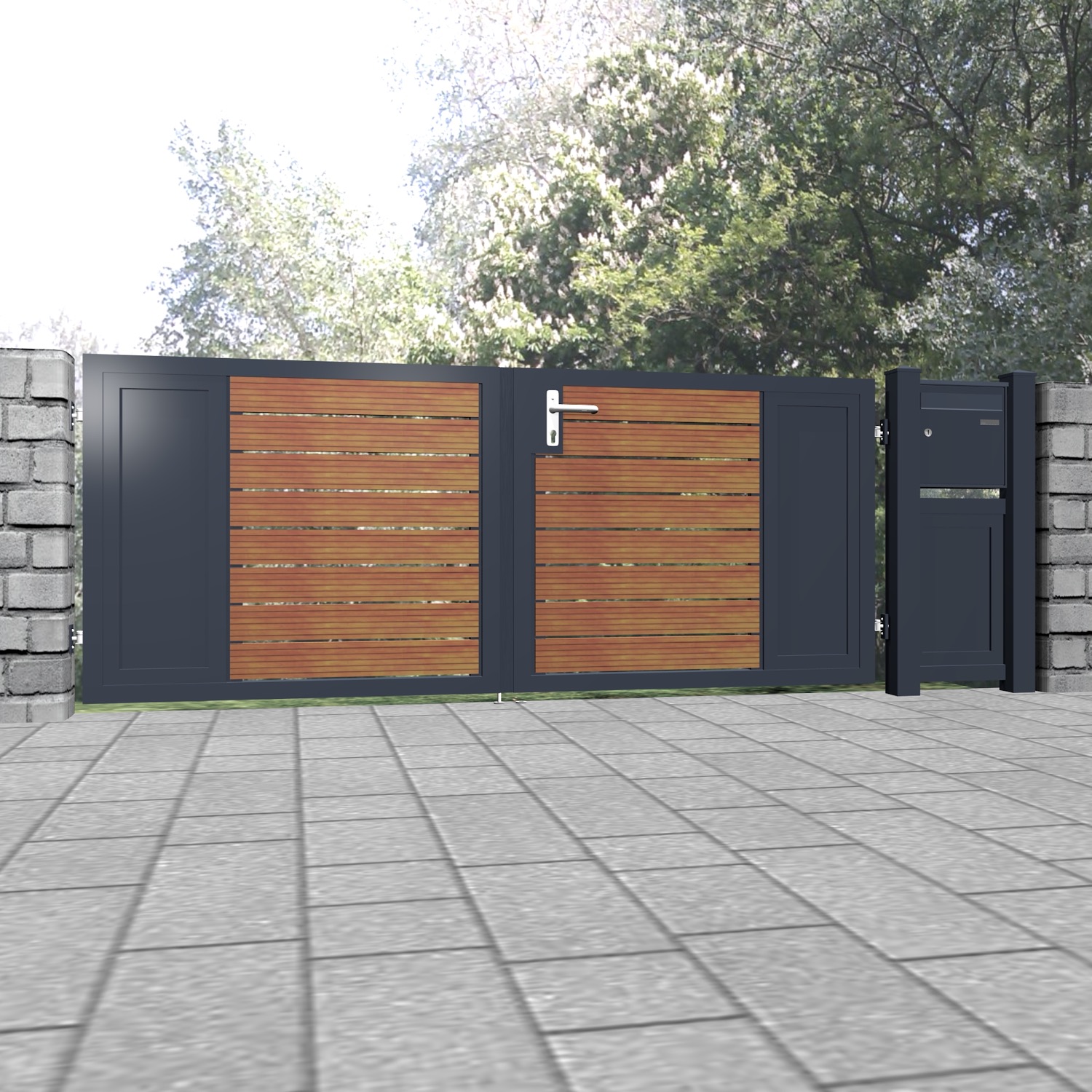 Portail de jardin en aluminium et bois, brise-vue à 2 battants KSBHW, GE, BK