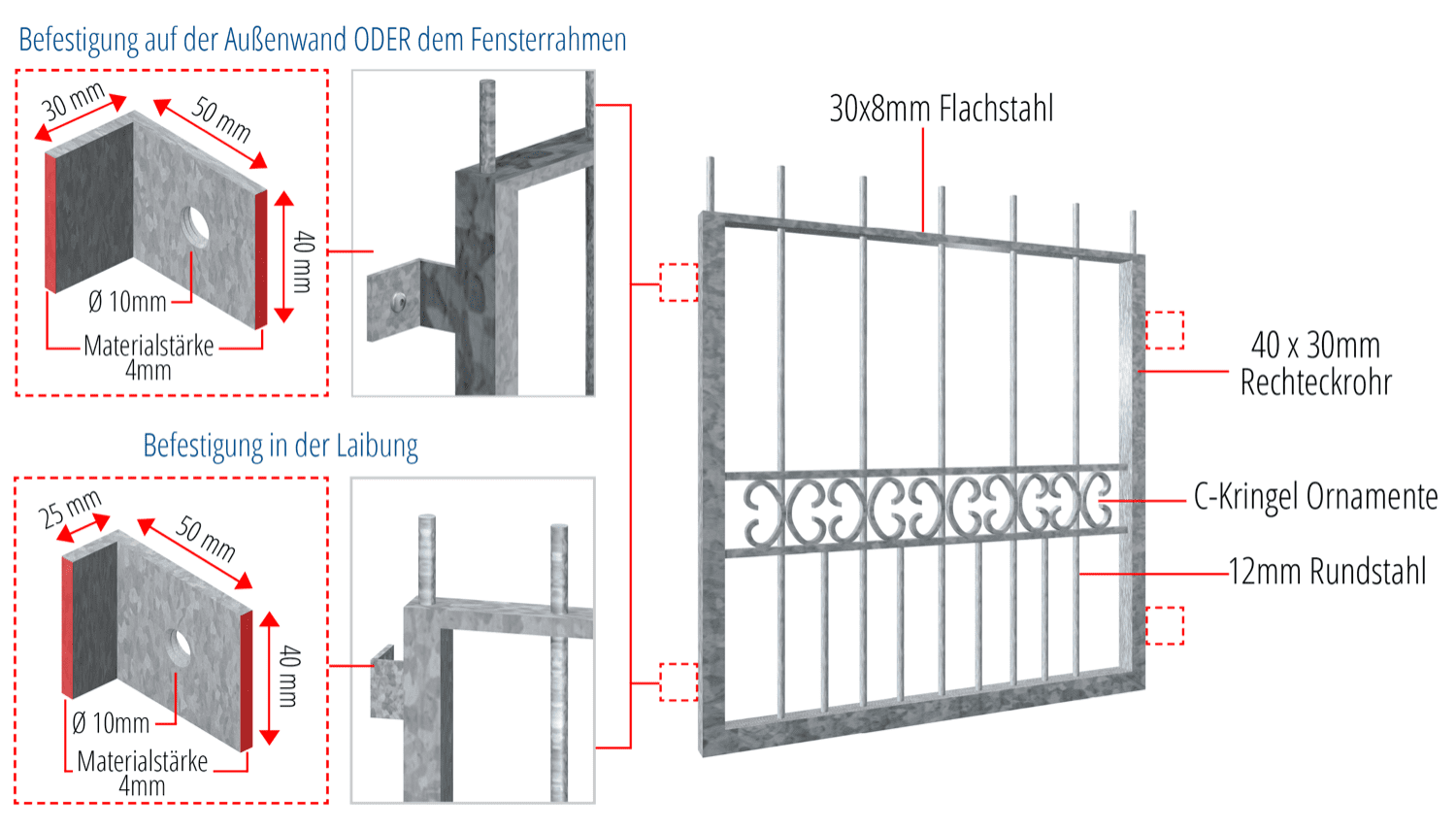 Grille de défense pour fenêtres en acier galvanisé Bordeaux