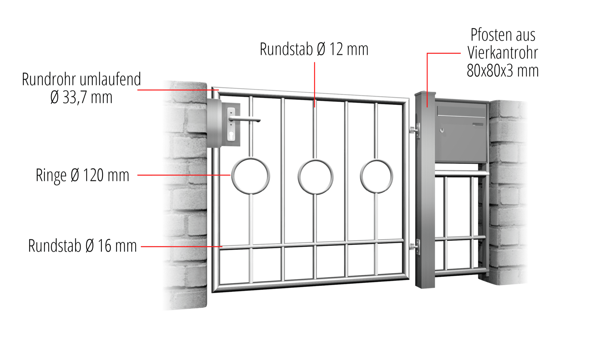 Portillon de jardin en acier inoxydable cercle à 1 battant barre 2 centre, GE, BK