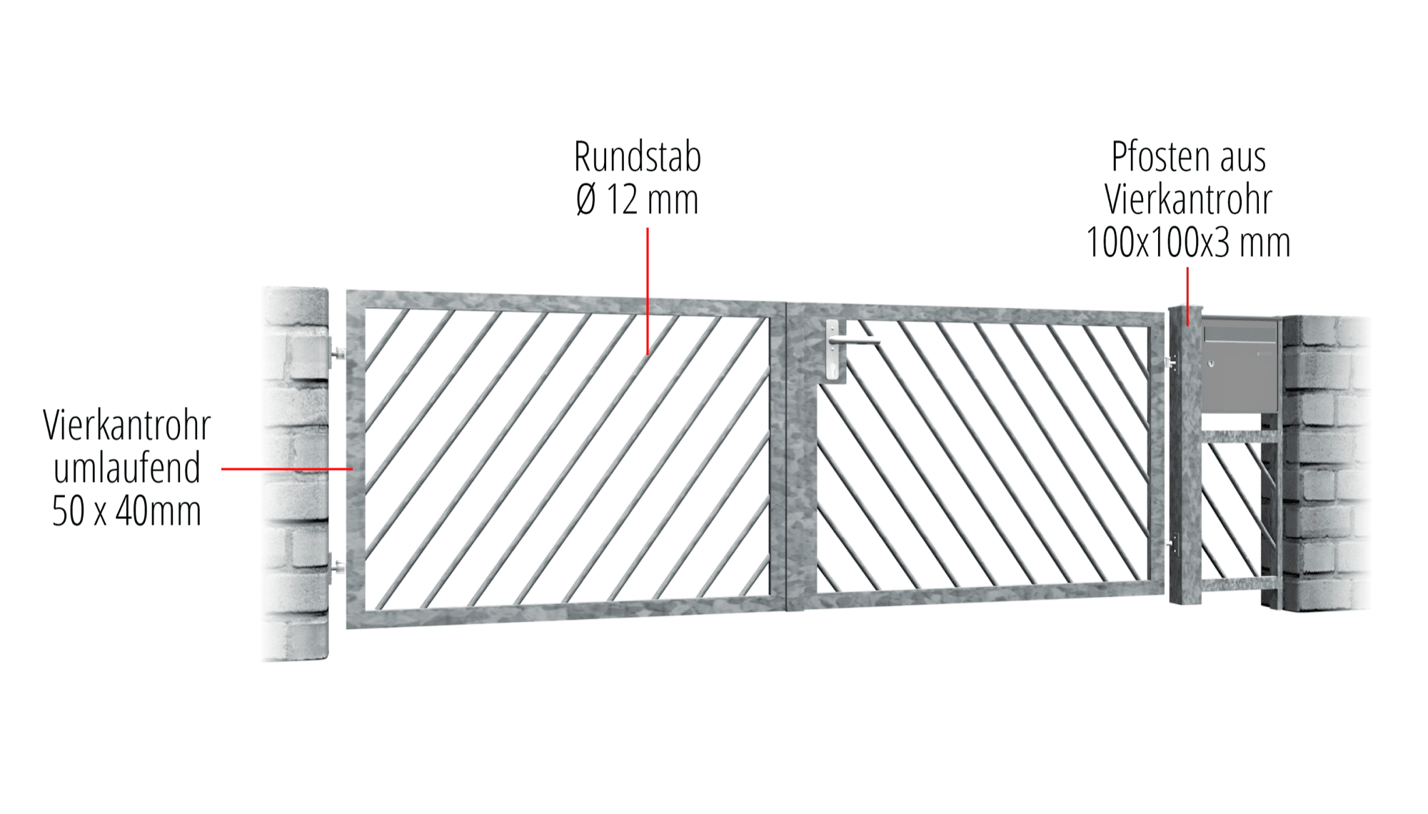 Barrière de jardin en acier galvanisé, barre diagonale à 2 battants, GE, BK